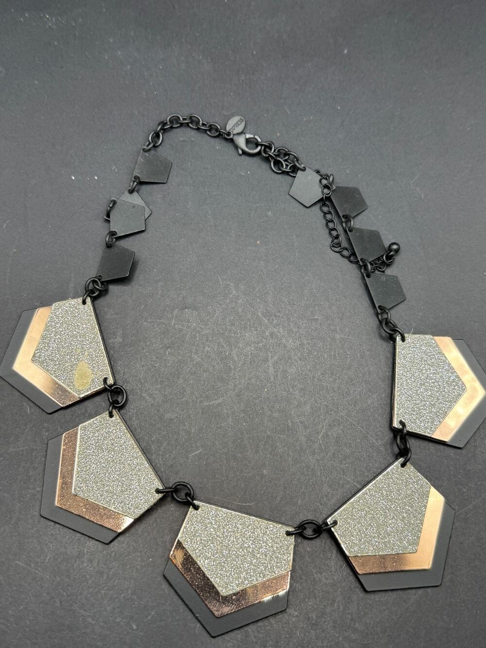 Express Signed Silver Glitter Black and Gold Geometric Statement Necklace